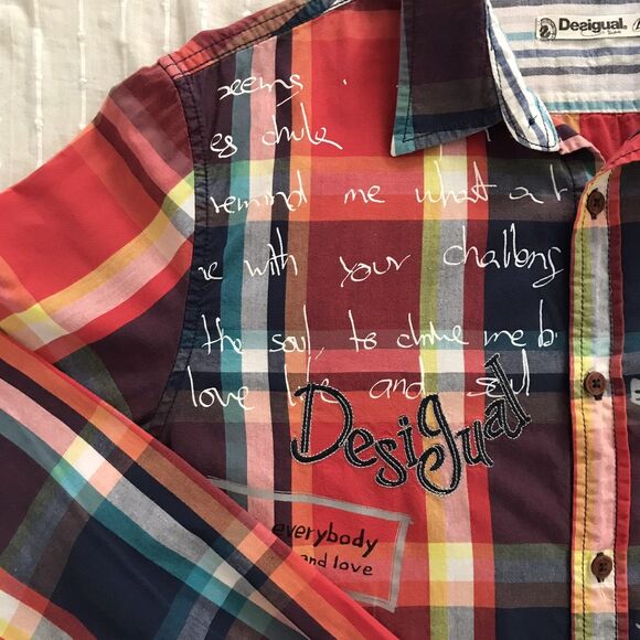Desigual Colorful Red Plaid Long Sleeve Cotton Collared Mens Shirt NWOT - M/L - Picture 2 of 9